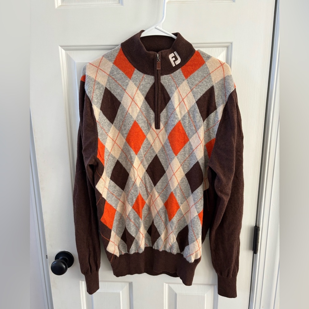 Peter Millar Men's Argyle Zip-Up Cashmere Sweater - Brown and Orange